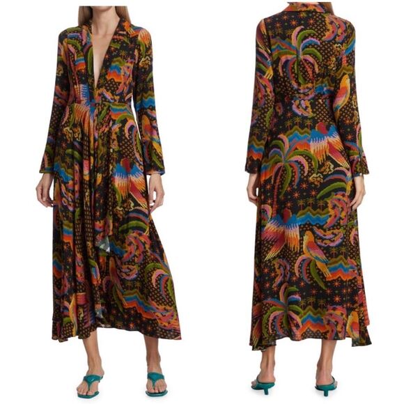 FARM RIO Macaw Island Printed Maxi Dress Tropical Vacation XS Black - Picture 1 of 16